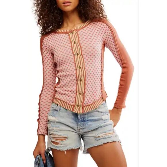 NWT Free People Instant Classic Long Sleeve Patchwork Tee, Sz XS, Button Up Boho - Picture 1 of 12